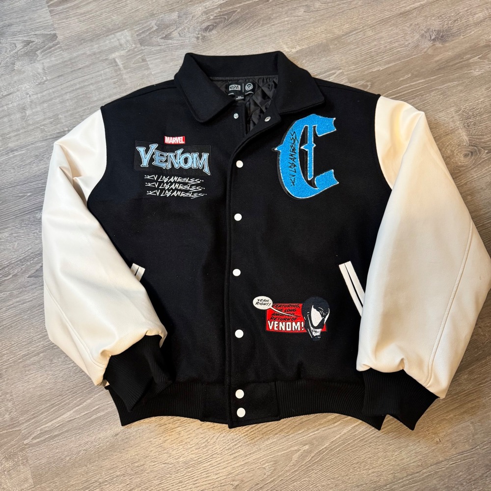 Marvel x CVLA Venom‎ Varsity Jacket Black White XXL Mens Letterman Patch